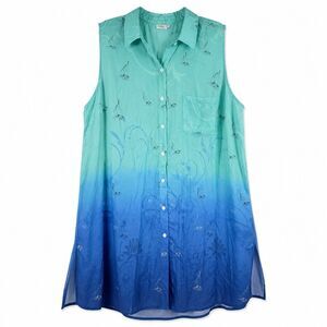 Catherines Women 3X Blue Ombre Sailboat Tunic Sleeveless Button Front Coastal